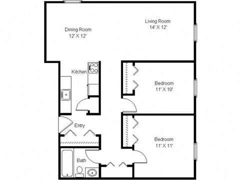 Floor plan for 2 beds, 1 bath, 900 sqft